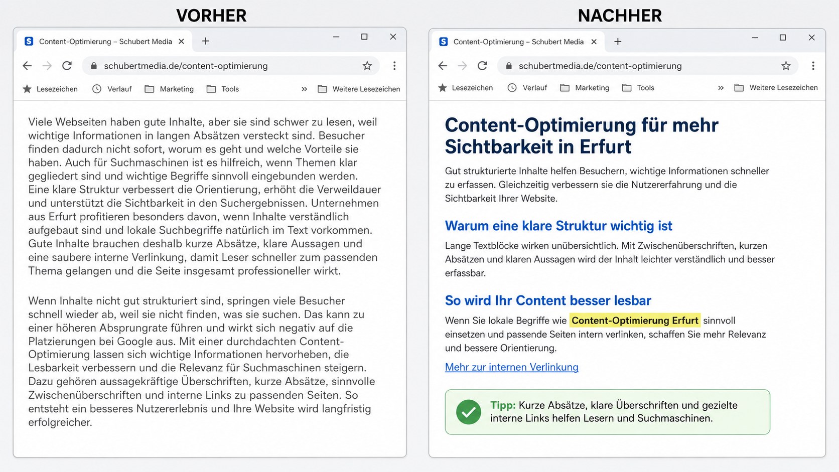 Vorher-Nachher-Vergleich zweier Browser-Fenster mit generischem und SEO-optimiertem Text mit farblichen Hervorhebungen