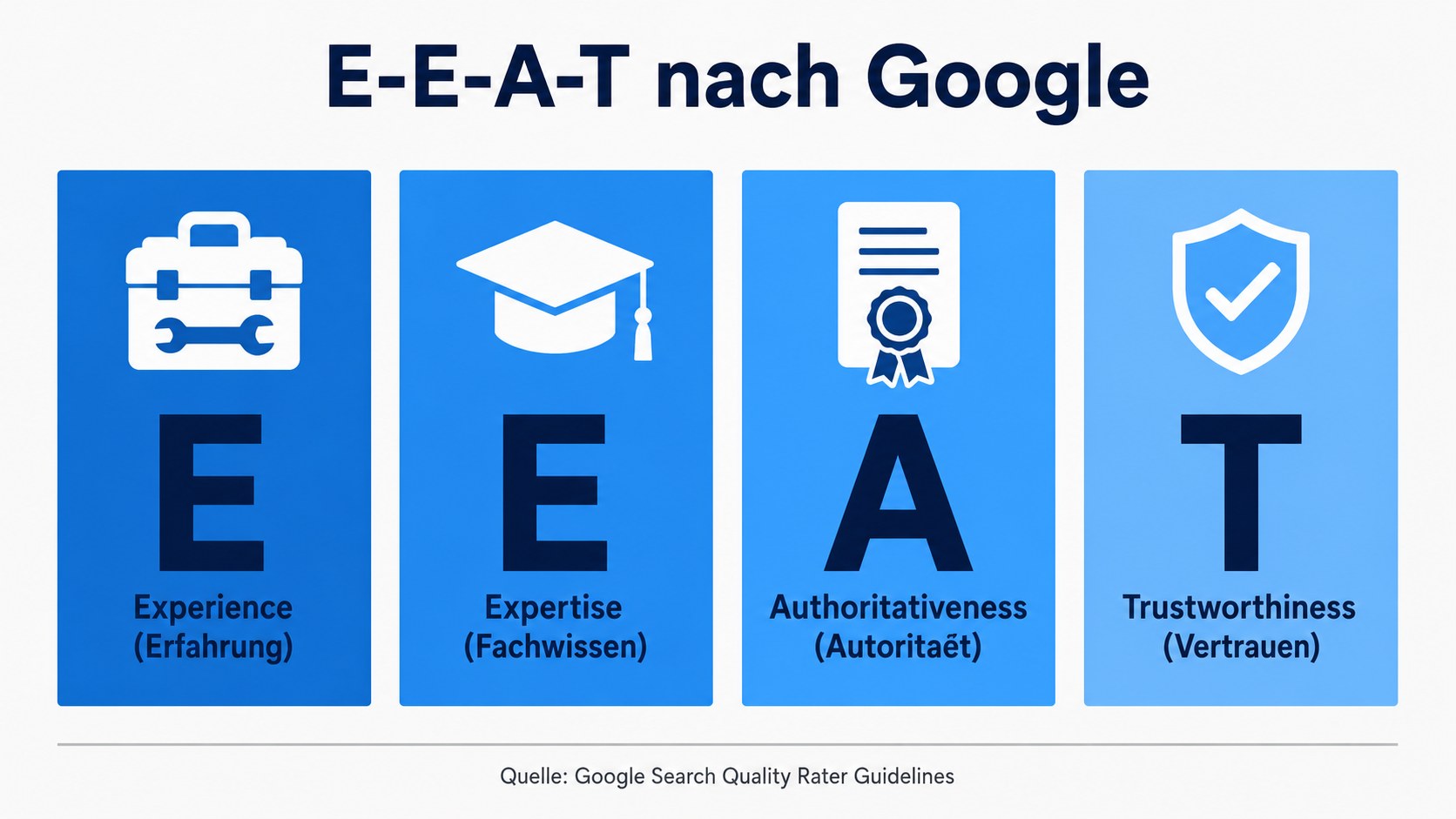E-E-A-T-Diagramm mit vier S&auml;ulen Experience, Expertise, Authoritativeness und Trustworthiness im Flat-Design