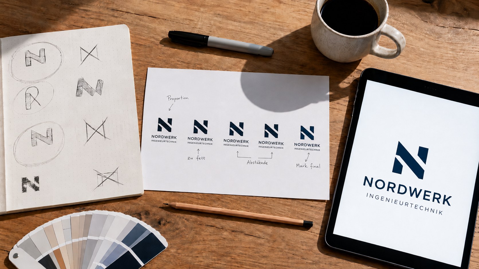 Logo-Entwicklung von Hand-Skizze &uuml;ber Iterationen bis zum finalen digitalen Logo auf einem Designer-Schreibtisch