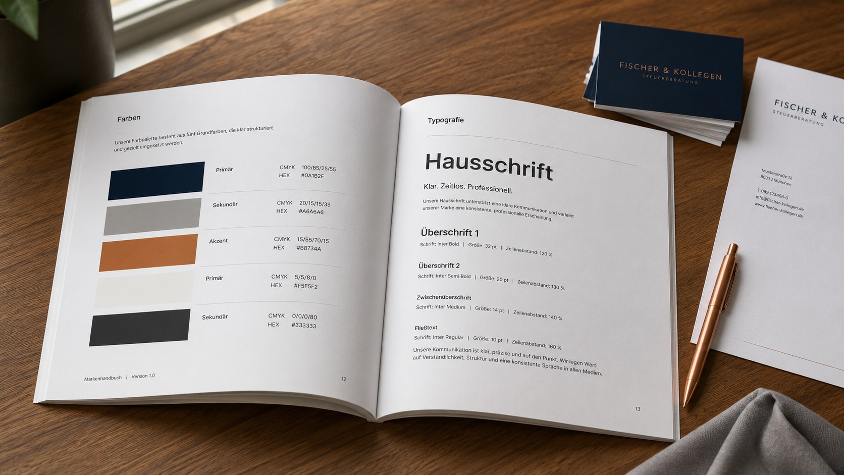 Aufgeschlagenes gedrucktes Brand Manual mit Farbpalette und Visitenkarten auf einem Holzschreibtisch