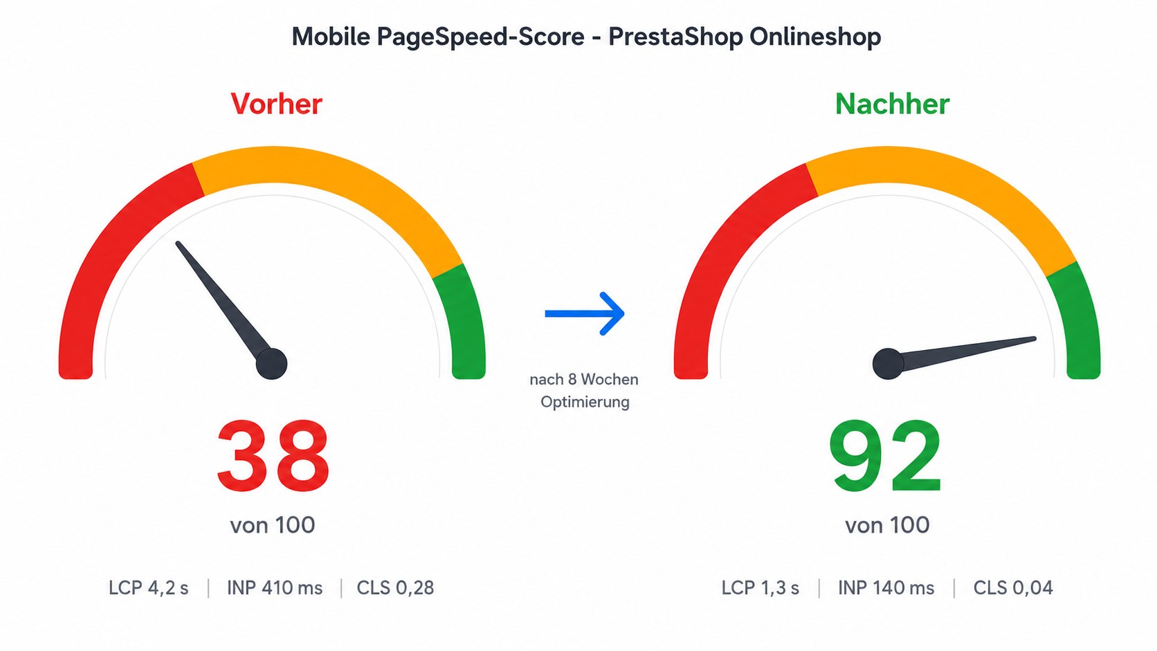 PageSpeed-Tachometer-Visualisierung mit Score von 38 vor der Optimierung und 92 nach der Optimierung in Gr&uuml;n