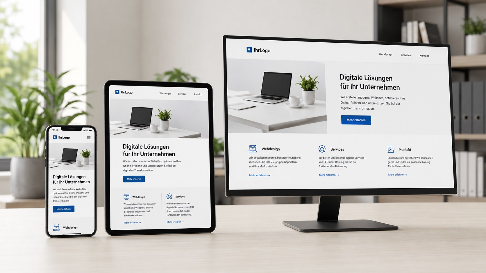 Die gleiche Website auf Smartphone, Tablet und Desktop-Monitor nebeneinander, sauber angepasstes Layout auf allen drei Bildschirmgr&ouml;&szlig;en