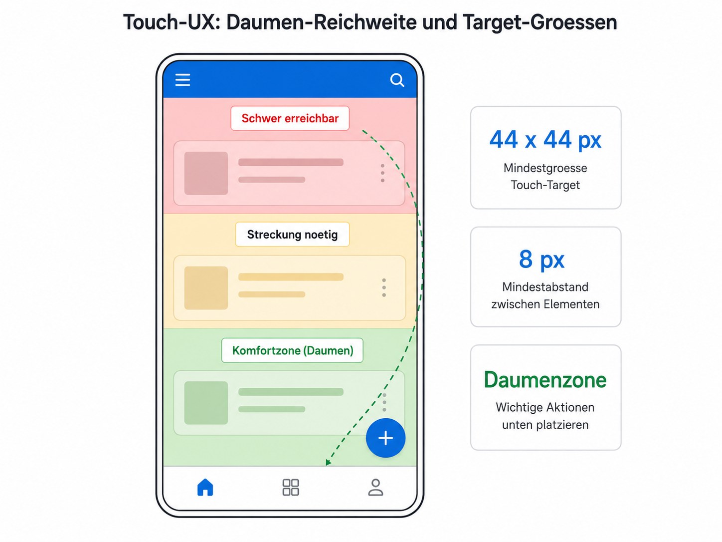 Smartphone-Bildschirm mit eingezeichneten Daumen-Reichweiten-Zonen und Touch-Target-Markierungen f&uuml;r ergonomische Bedienung