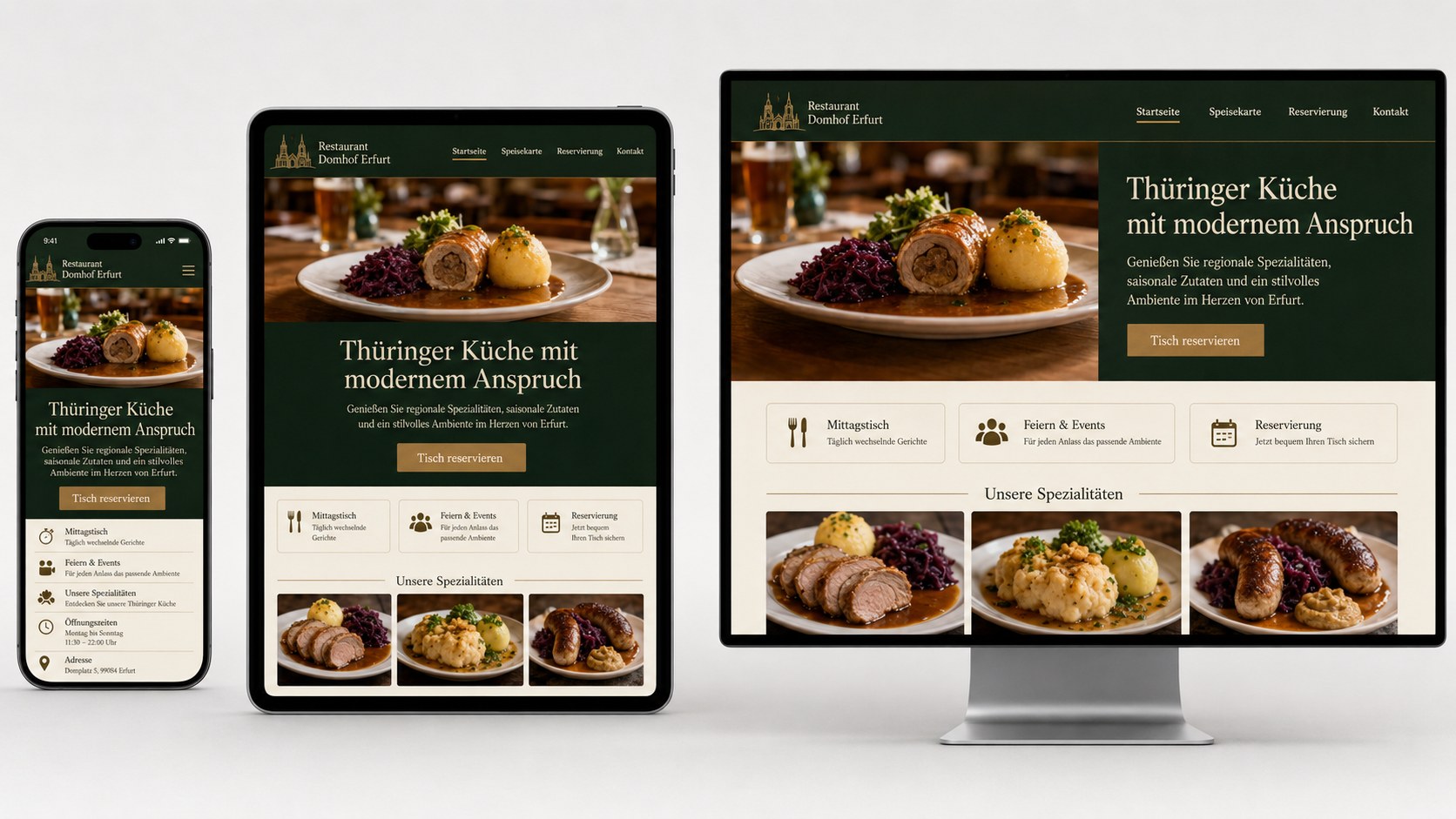 Gleiche deutsche Unternehmenswebsite responsiv dargestellt auf Smartphone, Tablet und Desktop-Monitor nebeneinander