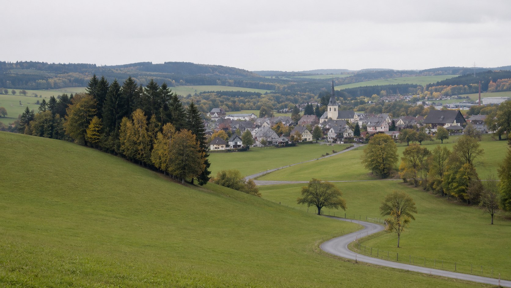 Sanfte H&uuml;gellandschaft im Vogtland mit kleinem Dorf, Wiesen und Mischwald
