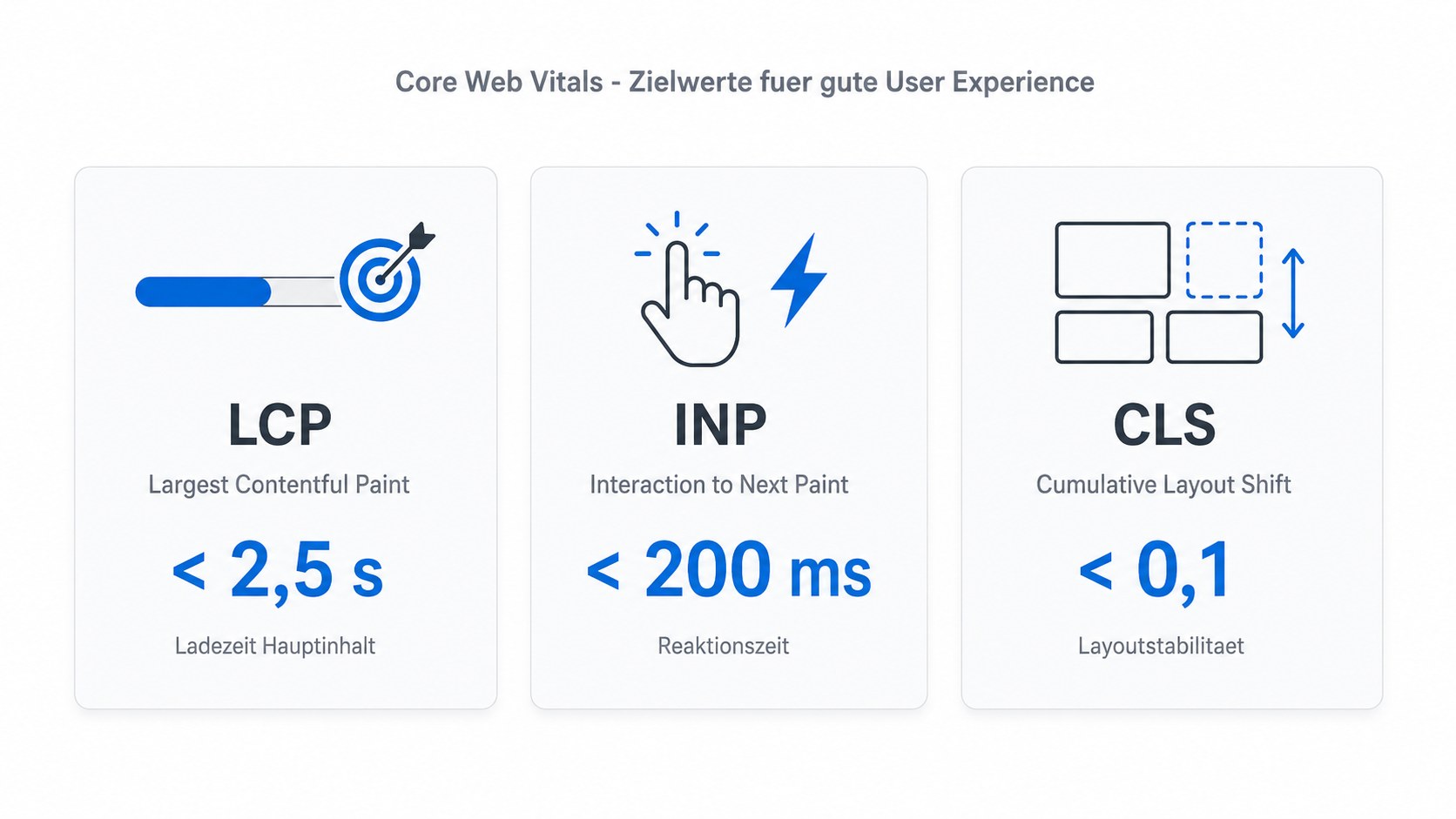 Infografik der drei Core Web Vitals LCP, INP und CLS mit ihren Zielwerten unter 2,5 Sekunden, unter 200 Millisekunden und unter 0,1