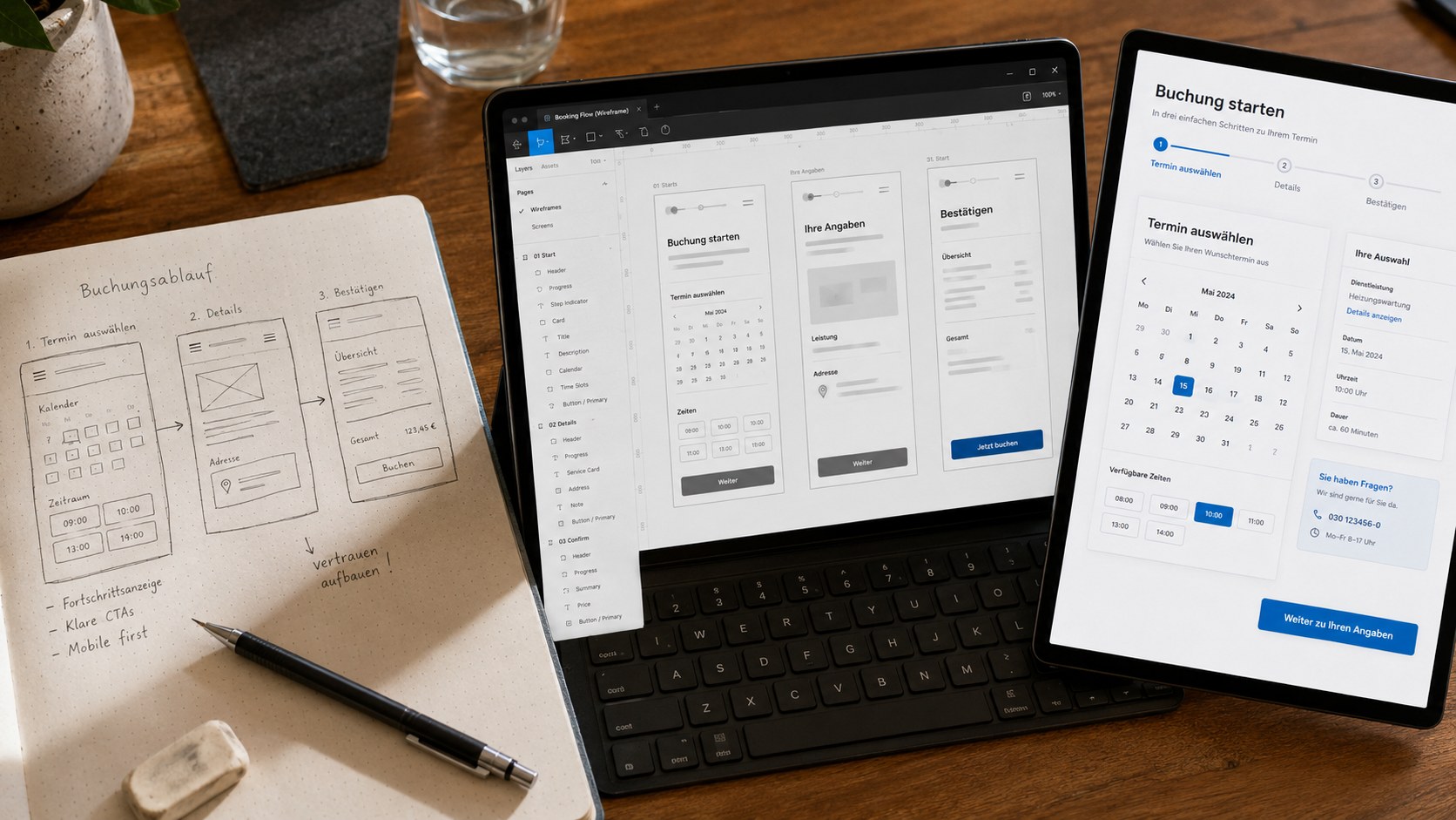 Wireframe-zu-Mockup-Progression: Skizze, Wireframe in Figma und finales UI-Mockup nebeneinander