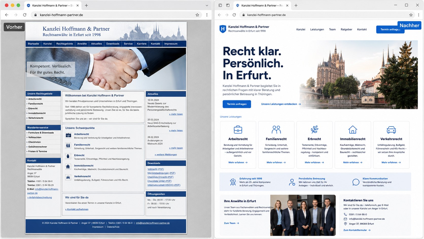 Vorher-Nachher Vergleich einer deutschen Unternehmenswebsite: alte Version aus den 2010ern neben modernisierter Mobile-First-Variante