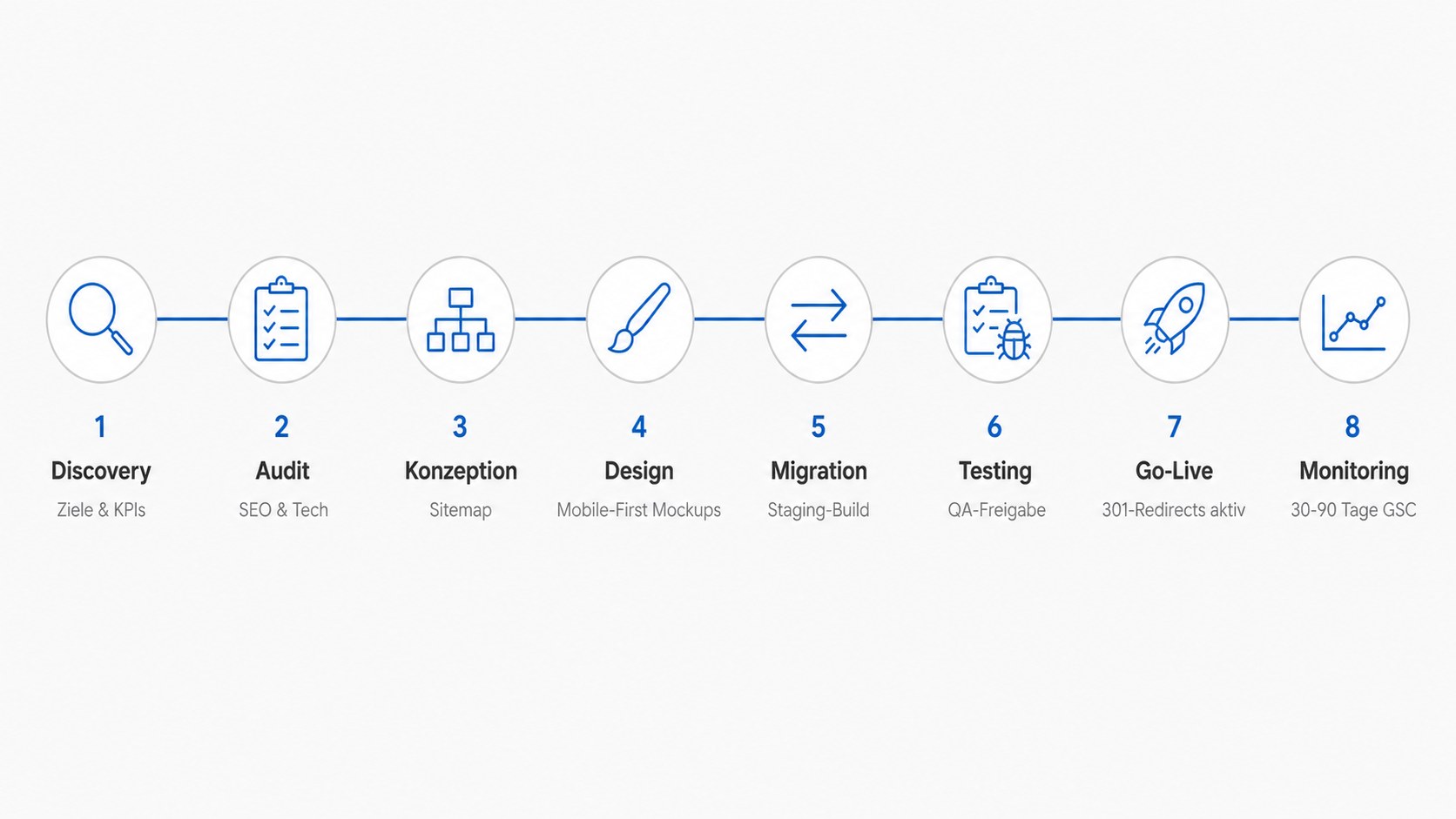 Timeline-Visualisierung des achtstufigen Relaunch-Prozesses mit den Phasen Discovery, Audit, Konzeption, Design, Migration, Testing, Go-Live und Monitoring