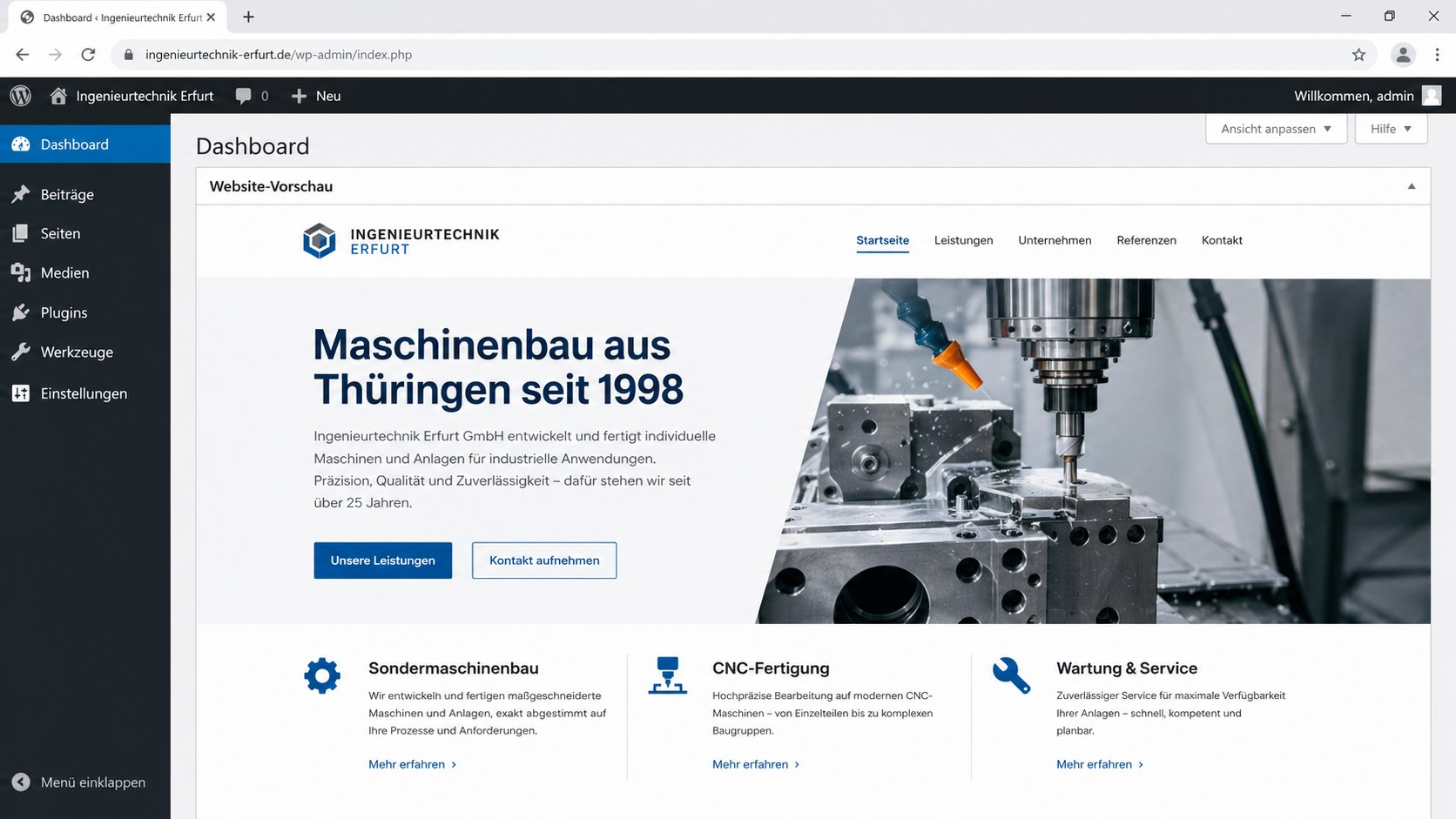 WordPress Admin-Dashboard mit individuellem Custom Theme einer deutschen Unternehmenswebsite