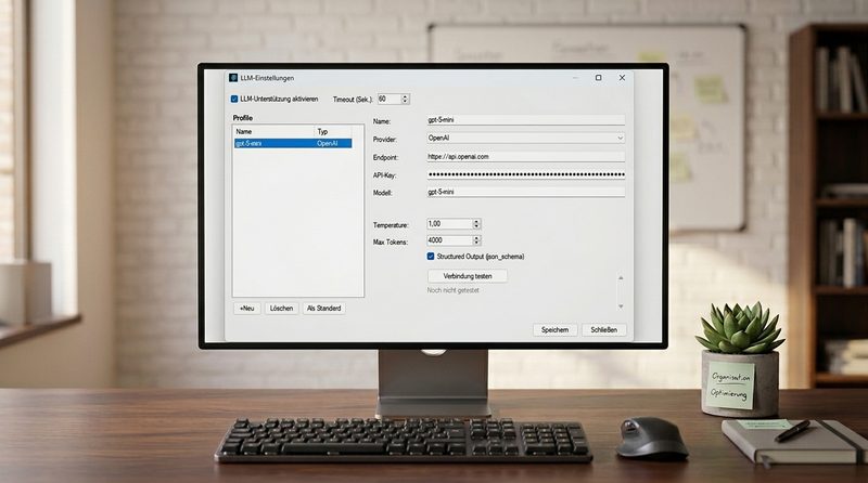 LLM-Einstellungen: Konfigurationsfenster mit OpenAI-Profil, API-Key-Feld, Temperature- und Token-Einstellungen sowie Verbindungstest, dargestellt auf einem Desktop-Monitor im Büro