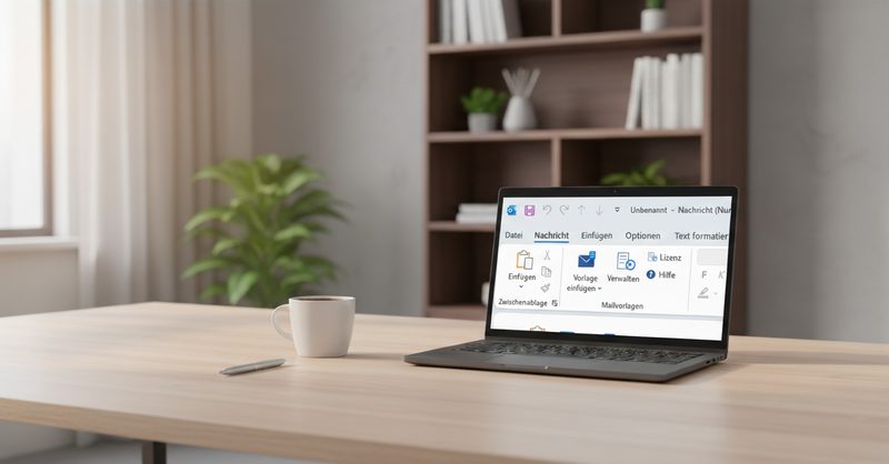 Outlook Mailvorlagen Add-In: Ribbon-Toolbar mit den Funktionen Vorlage einfügen, Verwalten, Lizenz und Hilfe, angezeigt auf einem Laptop in einer modernen Büroumgebung
