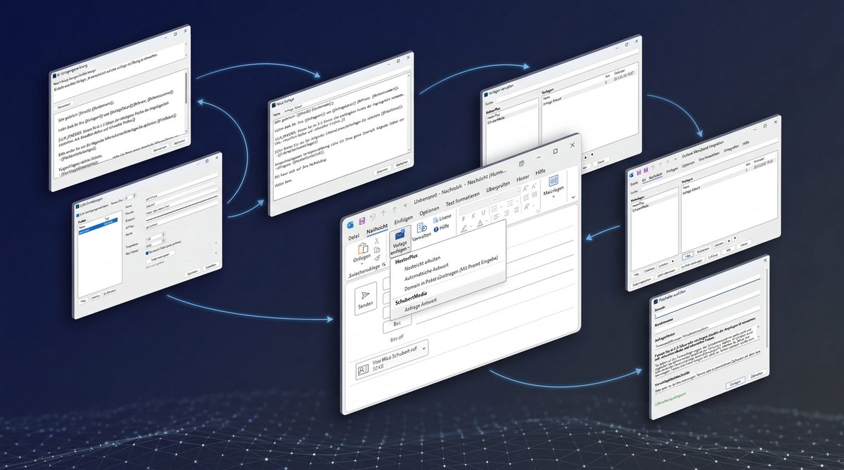 Outlook Mailvorlagen Add-In Gesamtübersicht: Alle sieben Feature-Screens in isometrischer Anordnung mit Workflow-Verbindungslinien