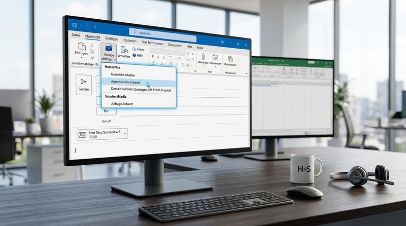 Outlook Vorlage einfügen: Dropdown-Menü mit kategorisierten E-Mail-Vorlagen, Dual-Monitor-Arbeitsplatz in einem modernen Büro
