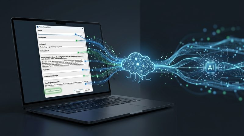 Platzhalter ausfüllen mit KI: Überprüfungsdialog mit automatisch vom LLM ausgefüllten Feldern für Anrede, Kundenname und Anfrageart, Laptop-Mockup mit KI-Visualisierung
