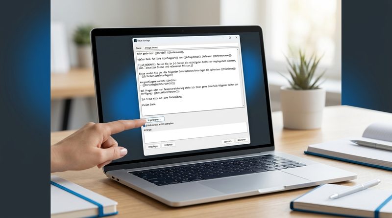 Vorlagen-Editor des Outlook Mailvorlagen Add-Ins mit KI-generieren-Button, Platzhalter-Textfeld, E-Mail-Kontext-Option und Anhänge-Verwaltung, Laptop-Mockup mit Hand