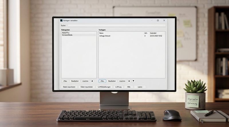 Vorlagen verwalten: Übersichtsfenster mit Kategorien, Vorlagenliste, Such- und Sortierfunktionen sowie Import/Export und LLM-Einstellungen, angezeigt auf einem Desktop-Monitor am Arbeitsplatz